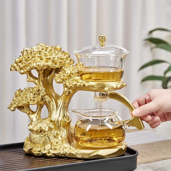 Glass Teapot Set with Infuser Semi Automatic Tea Set Magic Teapot (Tree - golden) - Bloomnest