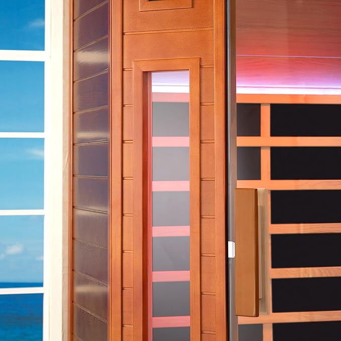 WOODBRIDGE Infrared Sauna Room 2 Person Japanese Cedar Indoor Corner Sauna with 7 Carbon Heaters, Red Light Therapy,Bluetooth Speaker,Intelligent Dual Control System,Tempered Glass,Exterior Brim Light WOODBRIDGE
