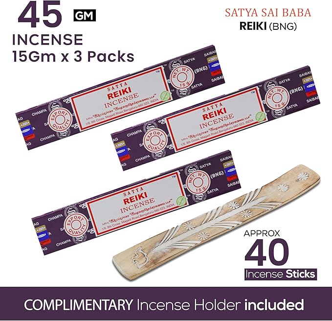 Satya Reiki Incense Sticks, Satya Bng (Bangalore) Insenses 15gmx3 Pack with Raajsee Incense Holder Bundle, Satya Nagchampa Natural Incense - Bloomnest