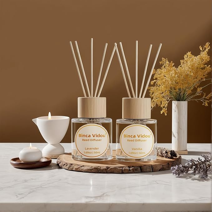 Reed Diffuser Set, Binca Vidou Lavender & Vanilla Natural Scent Oil Diffusers with Sticks for Home Office Bathroom Aromatherapy Decor 1.69oz x 2 - Bloomnest
