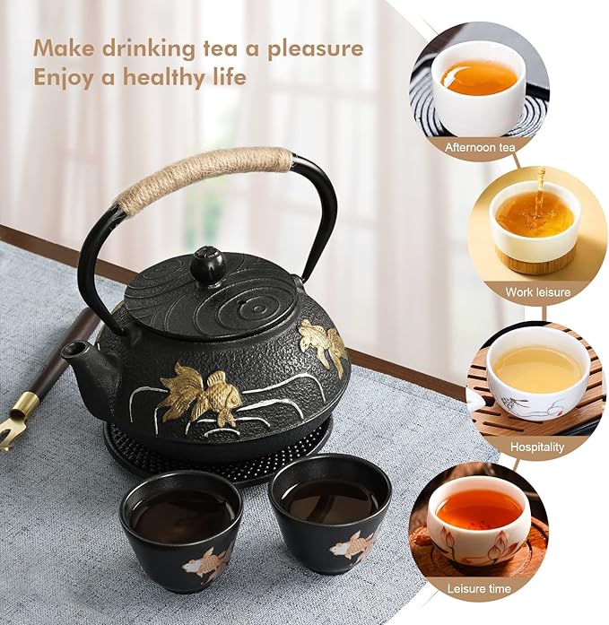 RekRang Hand-Painted Goldfish Cast Iron Teapot Set,Japanese Cast Iron Tea Kettle Set with Removeable Infuser and 4 Stainless Steel Cups,Traditional Tetsubin Tea Pot Sets for Stovetop 750ml/26oz - Bloomnest