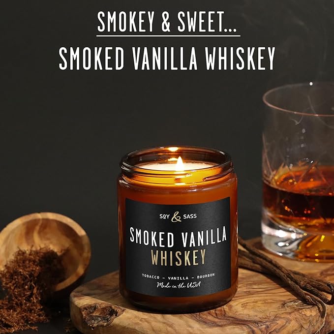 Smoked Vanilla Whiskey Candle - Scented Black Candles for Men or Women - Bourbon, Tobacco & Caramel Soy Wax Mens Candle - Infused w/Essential Oils | Long 50Hr Burn,9oz I Non Toxic I Made in USA - Bloomnest