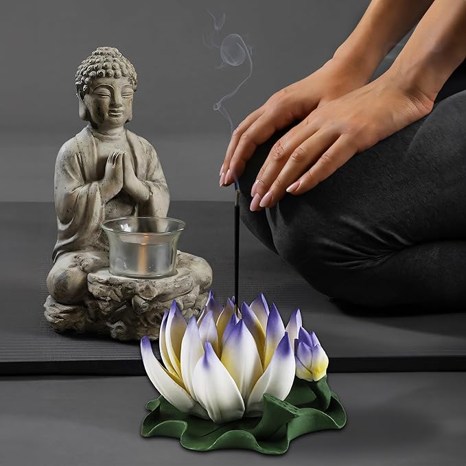 Lotus Incense Burner - Incense Burner Holder for Home Incense Holder Decor Incense Holder for Sticks Yoga, SPA (Z7-Blue-Yellow) - Bloomnest