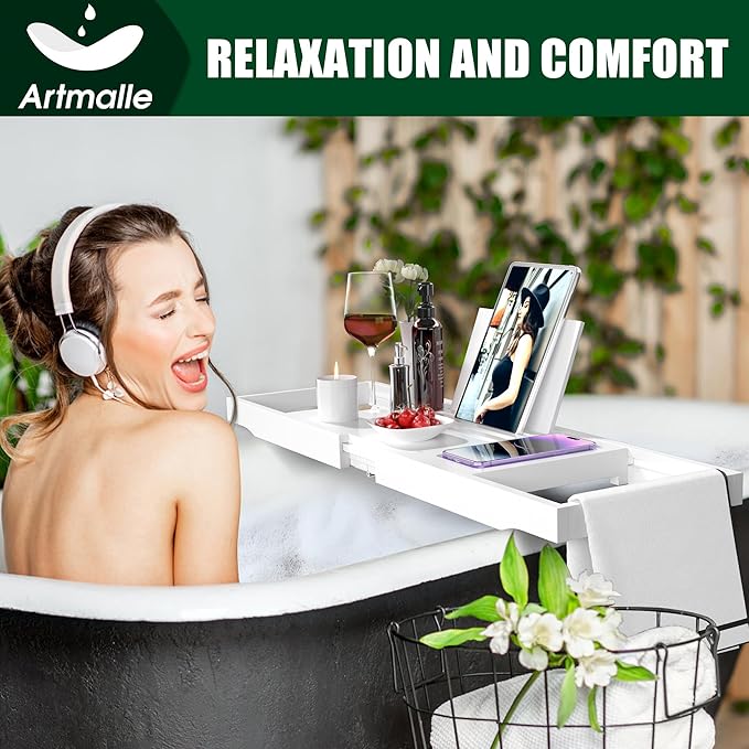 Artmalle Bathtub Tray for Tub, Expandable Bamboo Bath Caddy Tray with Book Holder for Home Spa Relaxing, Foldable Minimalist Bathroom Accessories for Women Men (Simple, White) - Bloomnest