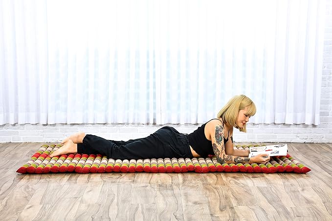 Leewadee - Kapok Roll Mat – Handcrafted Folding Sleep & Relaxation Mattress from Thailand, Ideal as Guest Bed, Camping Mat, Yoga Mat or Traditional Futon, 75 x 39 inches, Green Red - Bloomnest