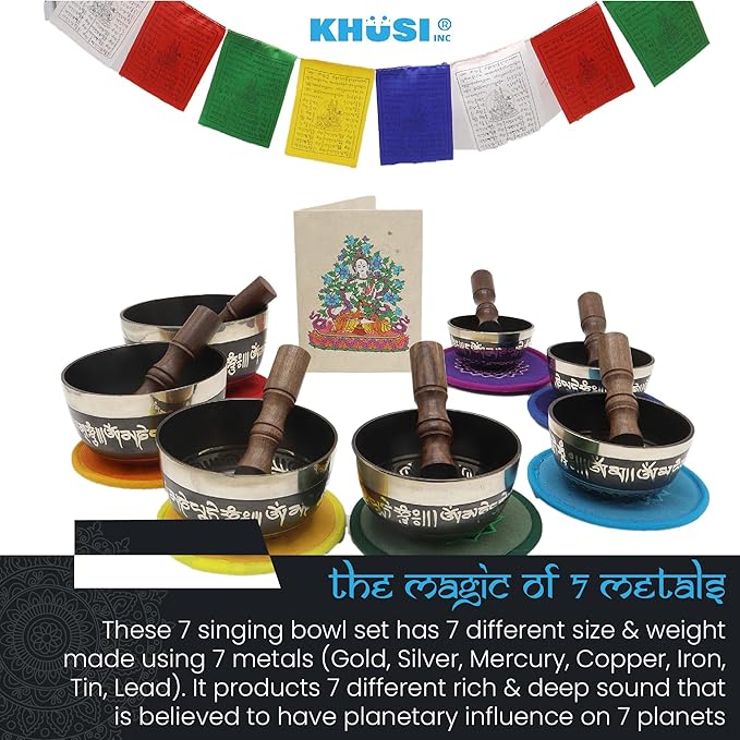 KHUSI Tibetan Singing Bowl Set of 7, Thadobati, Handcrafted, Mantra Engraved Singing Bowl for Yoga, Chakra healing, Relaxation, Stress Relief, Comes w/silk cushions, 7 sticks, Brocade Box - Bloomnest