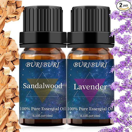 Lavender and Sandalwood Essential Oil, 100% Pure, Undiluted, Natural, Organic Aromatherapy Essential Oils Gift Set, 10MLx2 BURIBURI