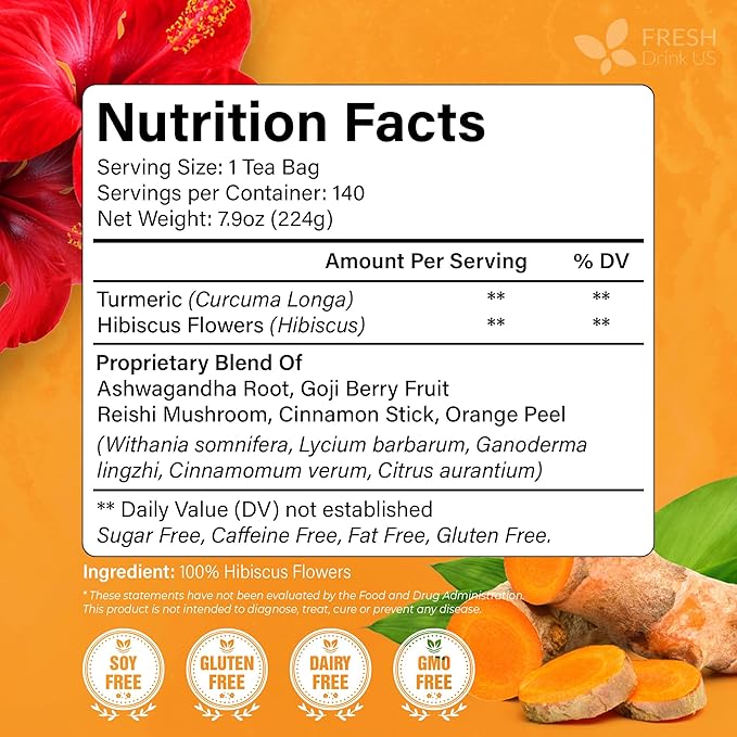 FreshDrinkUS, Premium Harmony Herbal Tea | 60 Tea bags | 100% Natural Turmeric, Hibiscus, Ashwagandha, Goji Berry, Reishi, Cinnamon & Orange Peel – Naturally Aromatic Caffeine-Free Tea - Bloomnest