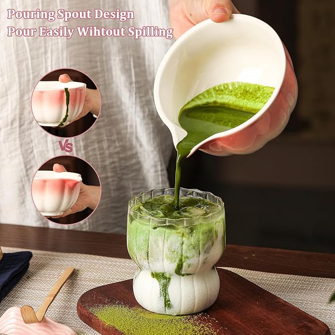 Matcha Whisk Set, 7-Pack Peach Pink Matcha Set - Include Petal Matcha Bowl with Spout, Bamboo Whisk, Chasen Holder, Sifter, Scoop, Tea Towel, Scoop Rest - Perfect Matcha Making Kit for Tea Lover - Bloomnest