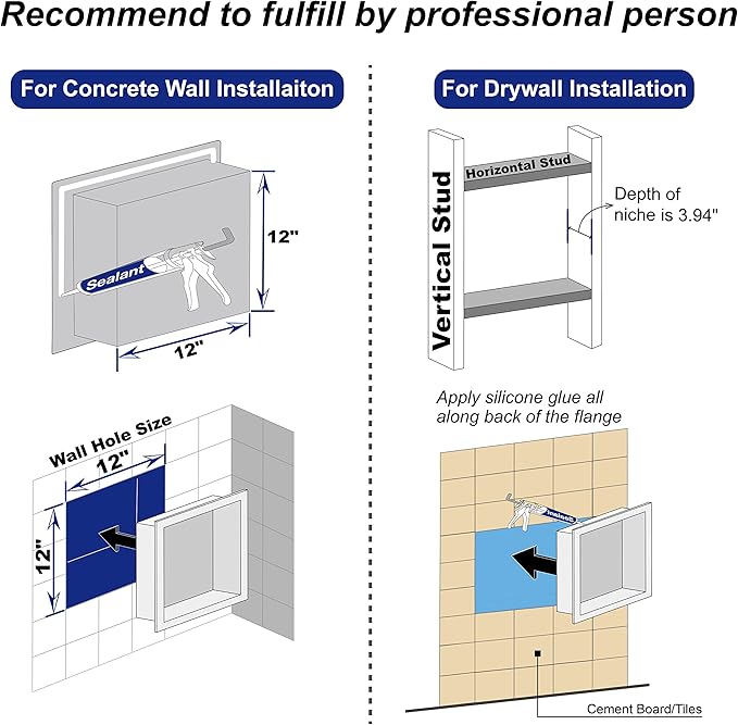 Stainless Steel Shower Niche 12" X 12" Matte Black No Tile Needed Niche Shower Recessed Wall Niches for Bathroom Storage Over Mount Installation - Bloomnest