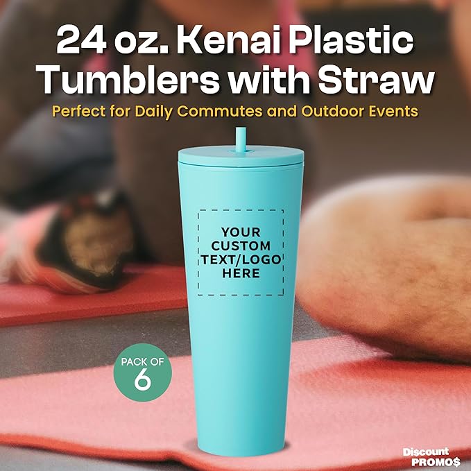 DISCOUNT PROMOS Custom Kenai Plastic Tumblers with Straw 24 oz., Set of 6, Personalized Bulk Pack - Ideal for Busy Professionals, With lids, Ice Coffee Tumbler, To Go Cup, Insulated - Mint - Bloomnest