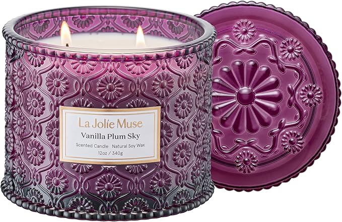 LA JOLIE MUSE Vanilla Plum Sky Candle - Coconut, Vanilla, Plum | 12 oz Large 2-Wick Soy Wax Candle | 60 Hours Clean Burn | Gift-Ready for Hosts & Gatherings | Elegant Home Decor - Bloomnest