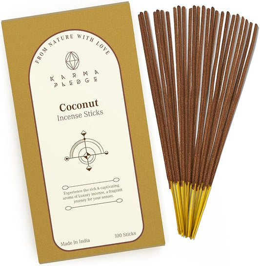 Coconut Incense Sticks, Organic Hand Dipped 100 Sticks with Natural Herbs & Aromatic Ingredients, Burn Time 45 to 60 Minutes, Incense for Positivity, Yoga, Meditation, Relaxation, Spiritual Gift KARMAPLEDGE