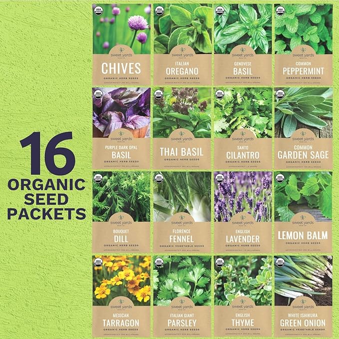 Organic Herb Seeds Variety Pack - 16 Individual Packs - 2025 Season - Basil, Cilantro, Dill, Thyme, Parsley and More! for Indoor & Outdoor Planting (Non-GMO, Certified Organic) - Bloomnest