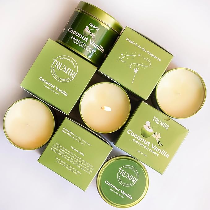 Coconut Vanilla - Aromatherapy Candles for Home Scented - 5oz Natural Soy Wax Clean Organic Non Toxic - Long Lasting Highly Scented with Essential Oils - Gifts for Women Relaxing Spa Beach Bathroom TRUMIRI