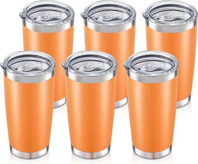 20 oz Tumbler Bulk with Lid Stainless Steel Insulated Tumblers Double Wall Vacuum Coffee Mug Powder Coated Tumbler Cups for Cold and Hot Drinks, Orange, 6 pack