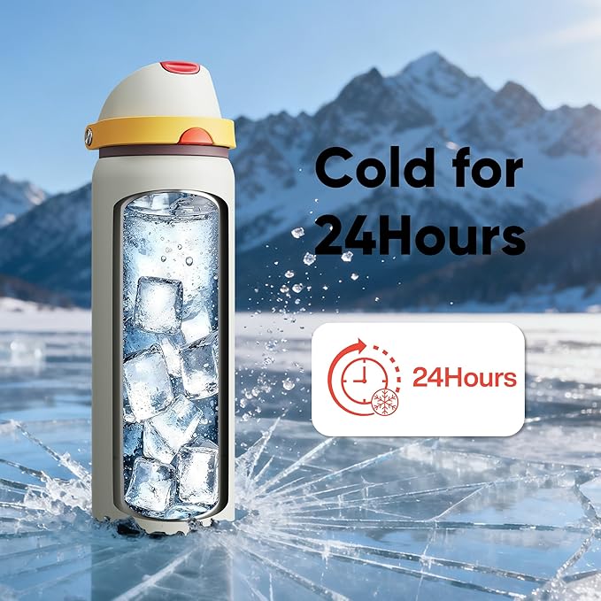 Insulated Water Bottle with Straw - Encool Stainless Steel Water Bottle with Push Button Lid, Leak-Proof & BPA-Free, Keeps Cold for 24 Hours for Sports, Travel, Gym (32 oz, Quill Grey-Red) ENCOOL