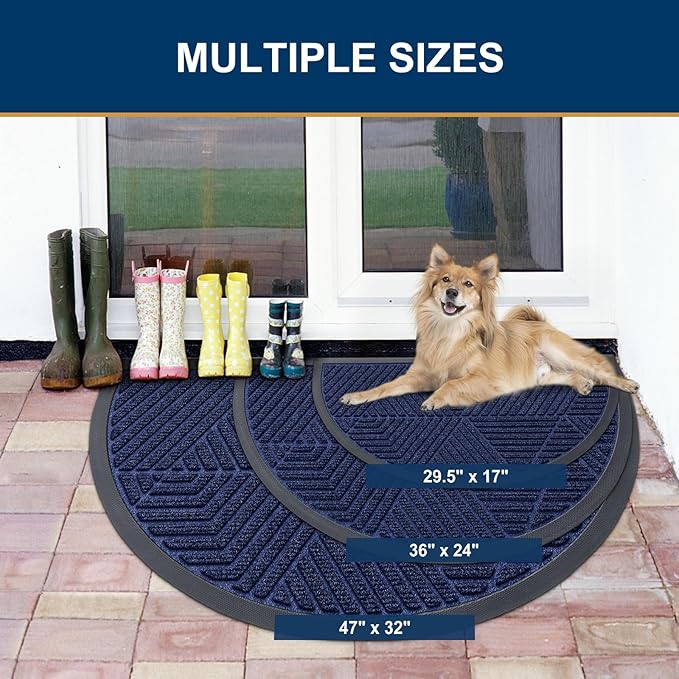 Smiry Half Circle Front Door Mat Outside Entrance, Heavy Duty Sturdy Natural Rubber Doormat, Trap Dirt and Moisture, Low Profile Mats for Indoor Outdoor Entry, Irregular Triangle (47x32, Navy Blue) - Bloomnest