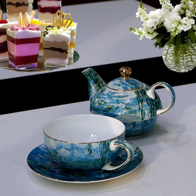 Porcelain 13 OZ Tea for One Teapot and Cup Set Vintage Floral Ceramic Tea Set European Style Tea pot and Saucer Set (Water Lily) - Bloomnest