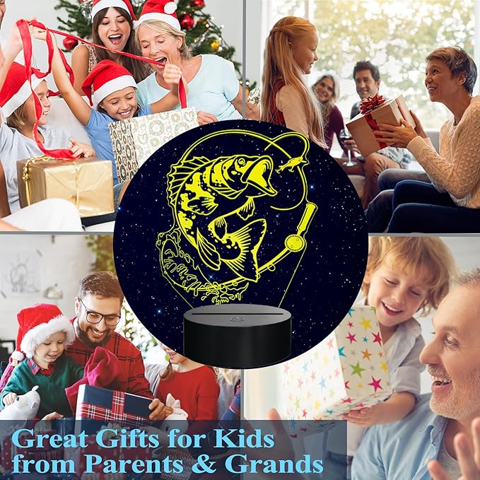 Fish Night Light, Fish 3D Illusion Lamp, Go Fishing Man Gifts with 16 Colors Changing, Timer, 4 Flash Modes and Dimmable, Kids Room Decoration, Xmas Fishing Gifts - Bloomnest