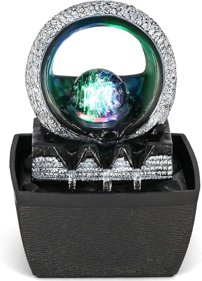 Tabletop Water Fountains, 3 Gears Desktop Fountain Indoor with Led Rolling Ball, Table Top Small Water Feature Interior Zen Relaxation Decor for Home Bedroom Living Room Office Apartment - Bloomnest