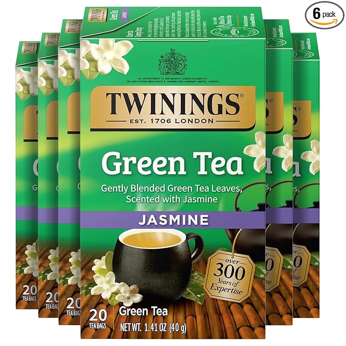 Twinings Green Tea with Jasmine Individually Wrapped Bags, 20 Count (Pack of 6), Fragrant Floral Scent, Caffeinated, Enjoy Hot or Iced, 120 Teabags - Bloomnest