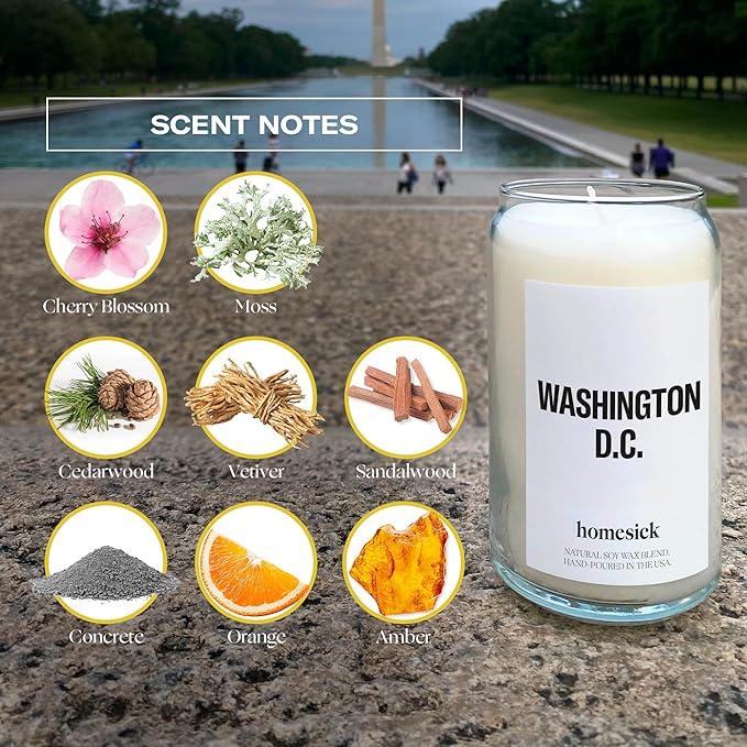 Homesick Scented Candles for Home (Washington D.C.) - 13.75 oz Long-Lasting Soy Wax Jar Candle for Women & Men for All Occasions, 60-80 Hours Burn Time - Notes of Cherry Blossom & Moss - Bloomnest