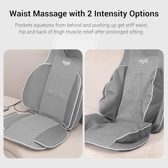 Mynt 2D & 3D Shiatsu Neck and Back Massager for Chair with 10 Deep Kneading Nodes, Adjustable Back Massage with Heat, Portable Massage Chair Pad (Gray) - Bloomnest