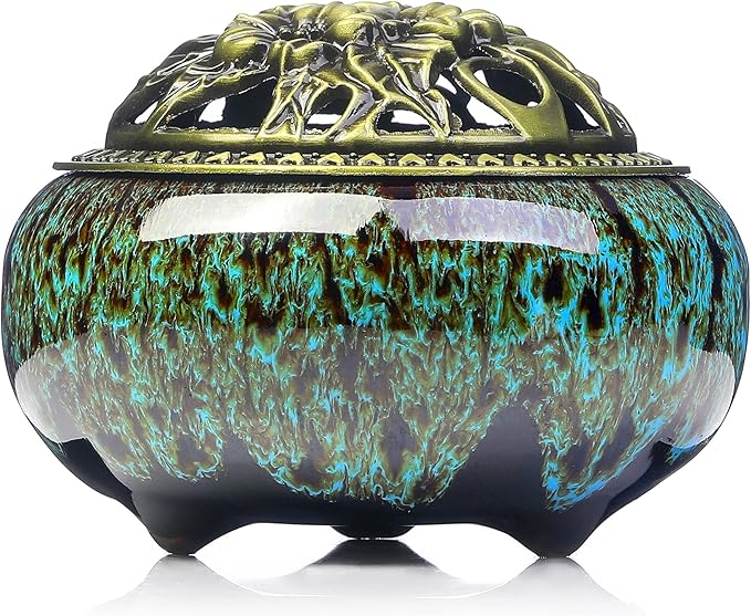Incense Burner with Calabash Incense Stick Holder - Porcelain Charcoal Censer for Use with Resin Granular Powder Cone or Coil Incense (Kiln-Colored Blue) - Bloomnest