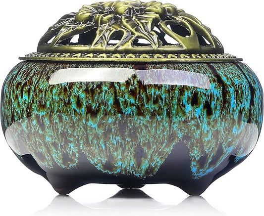 Incense Burner with Calabash Incense Stick Holder - Porcelain Charcoal Censer for Use with Resin Granular Powder Cone or Coil Incense (Kiln-Colored Blue) - Bloomnest