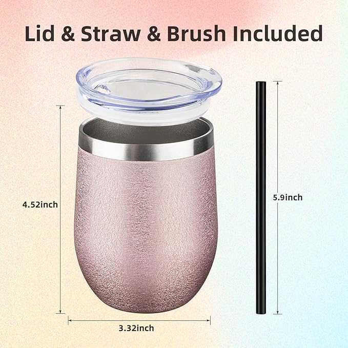 12 oz Insulated Wine Tumbler with Lid and Straw Double Wall Vacuum Insulated Wine Cup Stainless Steel Wine Tumbler Glasses for Coffee,Champaign,Office (Wrinkle Paint Rose Gold,1) - Bloomnest