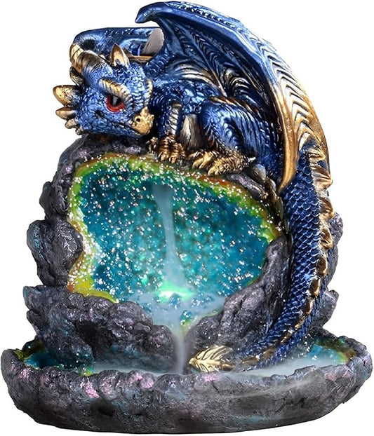 ICE ARMOR 5.5" H Blue Dragon Guarding Faux Crystal Cave Backflow Incense Burner with LED Light Faux Gemstone Incense Holder Statue Sculpture Ornament Decoration Home/Room Decor Ideas - Bloomnest