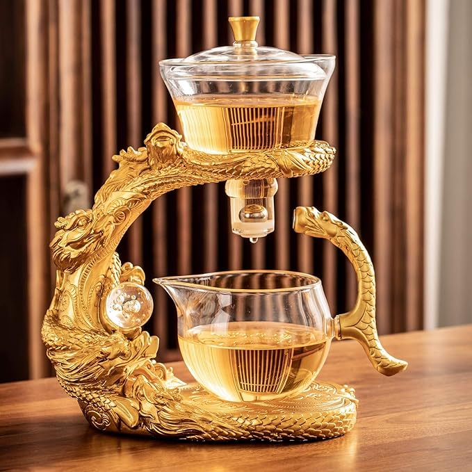 Glass Teapot Set with Infuser Semi Automatic Dragon Tea Set (Golden teapot) - Bloomnest