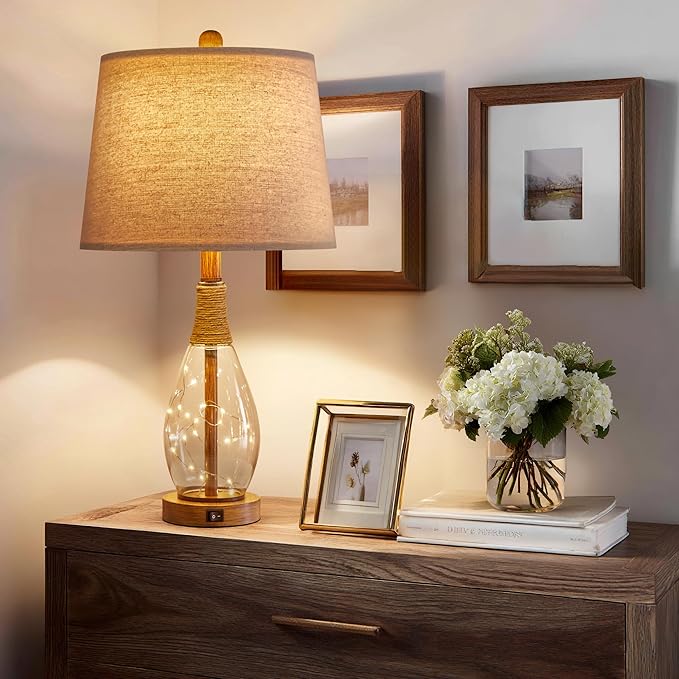 OYEARS 23" USB A+C Table Lamp for Bedroom Living Room Modern Bedside Lamps Retro Farmhouse Rattan Glass Nightstand Nightlight Lamps,Two Light Points - Bloomnest