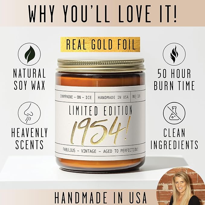 71st Birthday Gifts for Women - 'Limited Edition 1954' Soy Candle, w/Champagne on Ice I 71 Birthday Gifts for Women I 71st Birthday Gift for Her Ideas I 9oz Reusable Jar, 50Hr Burn, Made in USA - Bloomnest