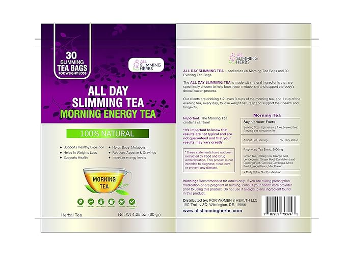 ALL SLIMMING HERBS All Day Slimming Tea For Weight Loss - All Natural 30 Days Detox Teas That Flattens Tummy - Daytime Energy Boost Tea 30 Bags + Evening Detox Tea 30 Bags - Bloomnest