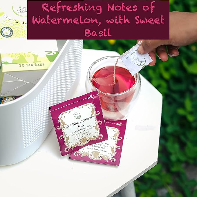 THE VEDAS Icy Watermelon Tea | Herbal Tea with Hibiscus & Sweet Basil - Caffeine Free Herbal Tea - Enjoy Hot or Iced | Biodegradable Cotton Teabags | 20 Tea Bags (Pack of 1) - Bloomnest