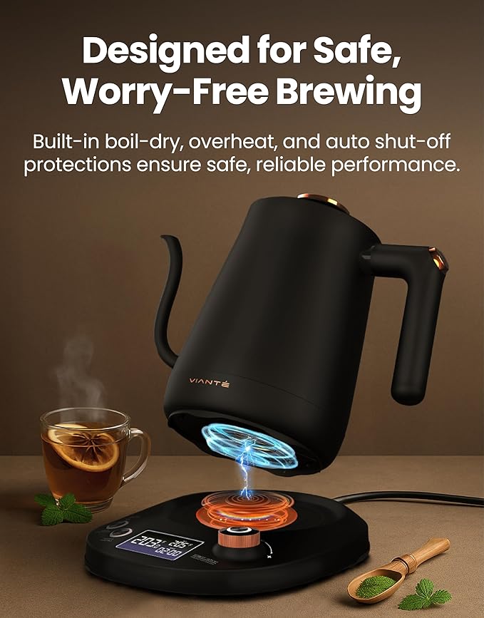 Vianté Electric Gooseneck Kettle with Precise Temperature Control. Pour Over Coffee & Tea Kettle. Boil-Dry Protection & Keep Warm Function. Stainless Steel, BPA-Free. Includes V60#2 Filters. 0.8L - Bloomnest