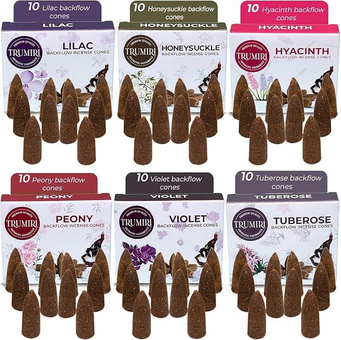 Blossom - Backflow Incense Cones for Waterfall - Scented Inscents-Cones - Peony, Lilac, Hyacinth, Tuberose, Honeysuckle, Violet - Insiensos Aromaticos - 6x10=60 Large Variety Pack TRUMIRI