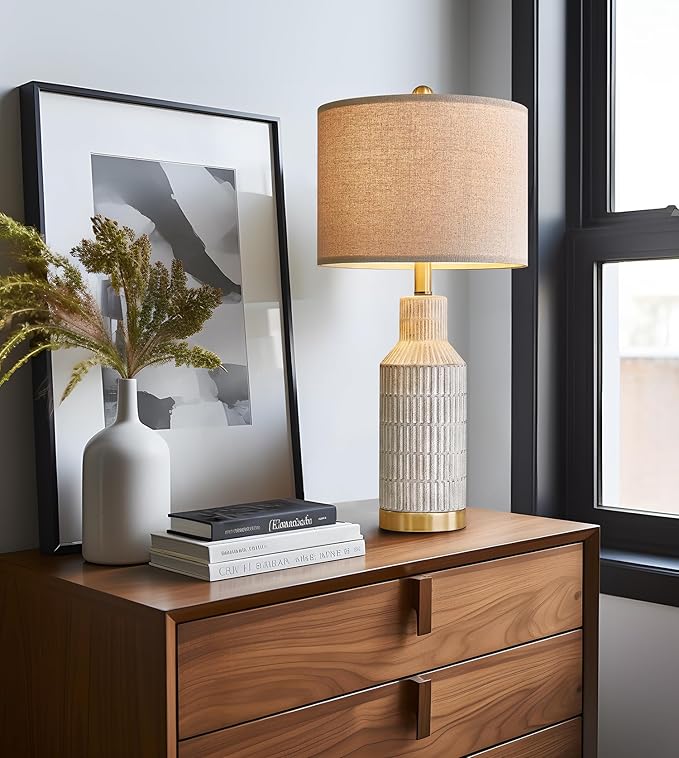25" Table Lamps Set of 2 - Modern Bedside Lamps for Living Room - White Washed Ceramic Nightstand Lamps for Bedroom - Bloomnest