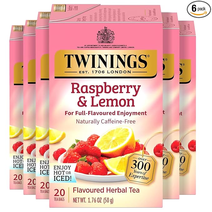 Twinings Raspberry & Lemon Herbal Tea Individually Wrapped Bags, 20 Count (Pack of 6), Fruity & Zesty, Naturally Caffeine-Free, Enjoy Hot or Iced, 120 Teabags - Bloomnest