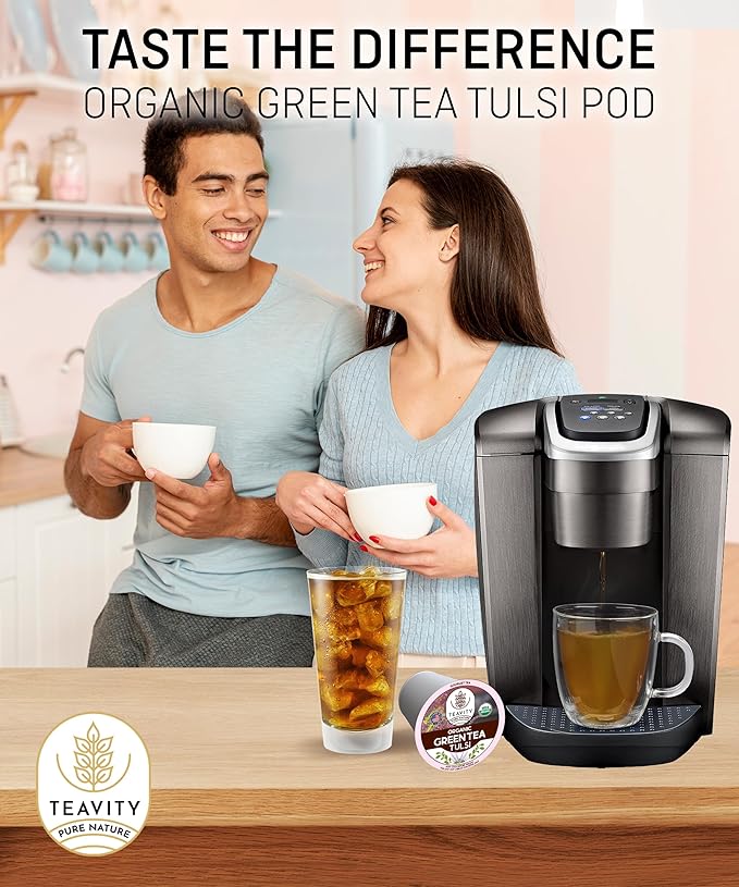 Organic Tulsi Tea Pods with Unsweetened Caffeinated Green Tea Pods for Keurig - Tulsi Green Tea by Teavity (12 Tea Pods) - Bloomnest
