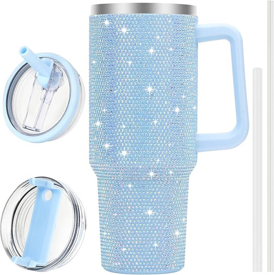 40 oz Tumbler with Handle and Flip Straw Lid, Insulated Leak Proof Double Walled Stainless Steel Rhinestone Diamond Studded Bling Travel Mug Tumblers, Maintains Cold Ice and Heat for Hours - Bloomnest