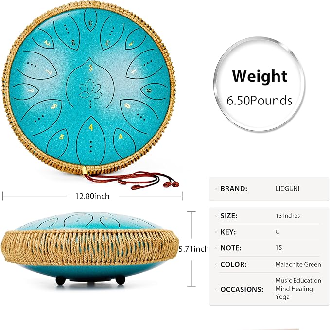 Steel Tongue Drum 13 Inches 15 Notes, Hand Pan Drums for Adults 440hz, C Major Handpan Musical Instrument with Song Book, Mallets and Carry Bag, Malachite Green - Bloomnest