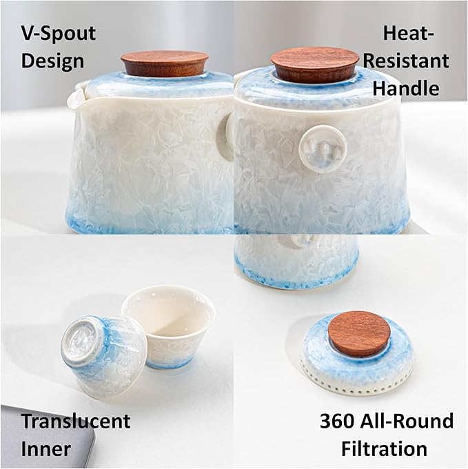 Hermit Life Chinese Travel Tea Set, Portable Ceramic Teapot for One to Two, Gongfu Tea Set with Crystal Glaze, 1 Pot 2 Cups, Gift for Tea Lovers (Icy Blue) - Bloomnest