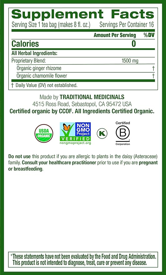 Traditional Medicinals Organic Ginger & Chamomile Herbal Tea, Relieves Occasional Indigestion or Nausea, (Pack of 1) - 16 Tea Bags - Bloomnest