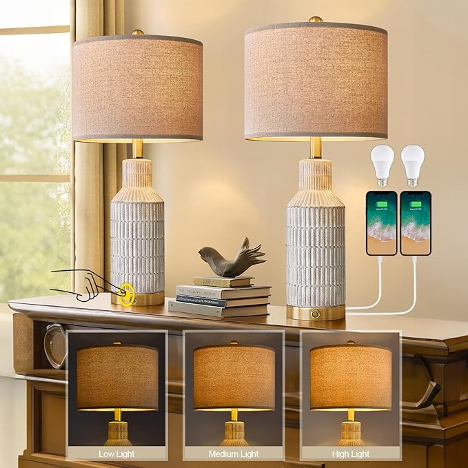 25" Modern 3-Way Dimmable Touch Control with USB A+C Ceramic Lamps Set of 2 Table Lamp for Living Room Bedroom Farmhouse Nightstand Bedside Lamps (White-Washed) - Bloomnest