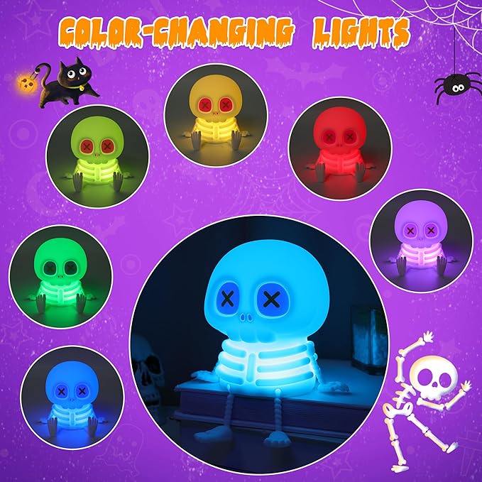 Skull Night Light, Cute LED Silicone Lamp, Color Changing & Dimmable Helloween Room Decor, 20 Mins Timer Squishy Cordless Rechargeable Nightlight, Bedside Light for Christmas Halloween Gifts - Bloomnest
