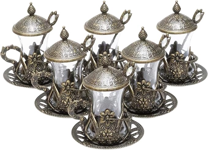 Alisveristime Handmade Turkish Tea Glass Set - Traditional Turkish Motifs, Set of 6 with Lids and Bonus Tea Spoons (Autentic Green)