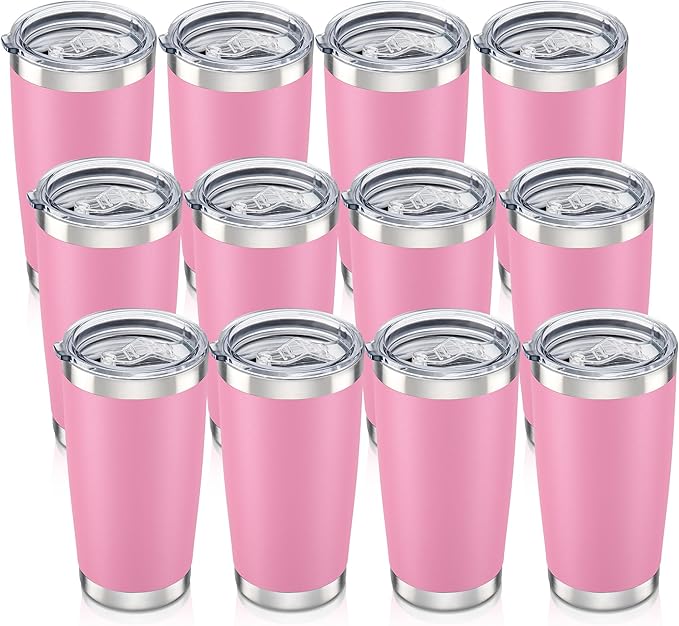 20 oz Tumbler with Lid Stainless Steel Insulated Tumblers Bulk Double Wall Vacuum Cups Powder Coated Travel Mug Keep Drinks Cold and Hot, Pink, 12 Pack